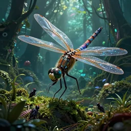 stylised giant dragonfly with few element of cyberpunk armor attacking very tiny dark creatures in fantasy jungle, by moebius!!!!, victo ngai!!!!, cinematic view!!!, dynamic lighting, night mood!!!!