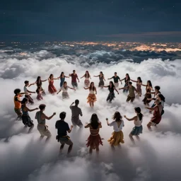 a crowded large group of people dancing up in the clouds at night