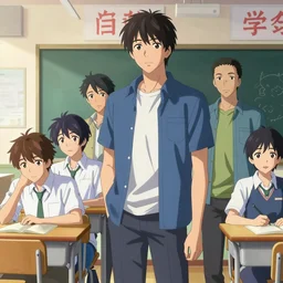 high school classroom scene spring setting, expert high detail concept art, perfect proportions fine face, tall handsome guys, bold colors, realistic shaded lighting poster ilya kuvshinov, katsuhiro, jeremy lipkin and michael germash, makoto shinkai, loish and clamp style, trending on art station, best selling artist