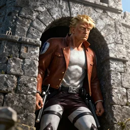trump as a titan in attack on titan peeking over the wall. Intricate. Very detailed 8k. Fantasy horror. Sharp. Cinematic post-processing. Unreal engine. Nanite. Ray tracing. Parallax. Tessellation