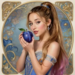 beautiful cottagecore Ariana Grande holding an indigo plum, intricate, elegant, highly detailed, digital painting, artstation, concept art, smooth, sharp, focus, illustration, art by artgerm and greg rutkowski and alphonse mucha