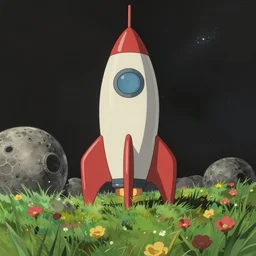 a wholesome animation key shot rocket ship in a field on the moon by studio ghibli, animation, sharp, rendered in unreal engine 5, focused, anime key art by greg rutkowski, bloom, dramatic lighting, cell shaded