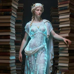 a portrait of the goddess minerva surrounded by stacks of books, bioluminescent gown with deep level of detail of esoteric symbols, urban motifs, intricate, elegant, highly detailed, digital painting, trending on artstation, concept art, smooth sharp focus, illustration, art by artgerm and greg rutkowski