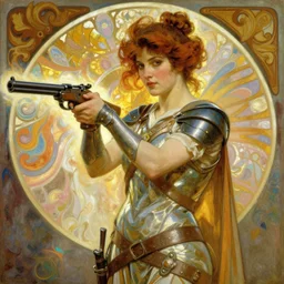 female warrior wielding a gun painting, henry asencio, craig mullins, alphonse mucha