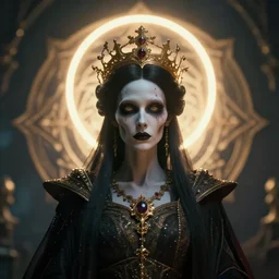 portrait, queen of death, glowing halo, mandala, bokeh on background, dramatic lighting, cinematic, establishing shot, extremly high detail, foto realistic, cinematic lighting, post processed, concept art, artstation, matte painting, style by eddie mendoza, raphael lacoste, alex ross. 3d. octane render. by Tooth Wu and wlop and beeple and dan mumford