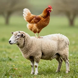 a chicken standing on a dog that is standing on a Texel sheep, photo, detailed, 4k