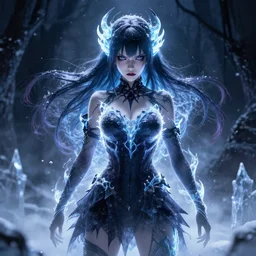 photorealistic full body shot of masterpiece angry darkness anime girl, beautifull manga lovely eyes, electric aura with particles, snowing frozen ice, darkness background inspired by tim burton, detailed, unreal engine 4 k, volumetric light, fog