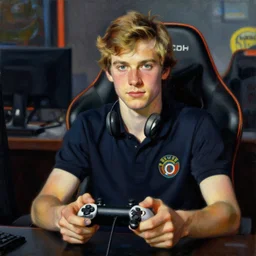 A Frontal portrait of an eSports star player holding a controller. A painting by Norman Rockwell.
