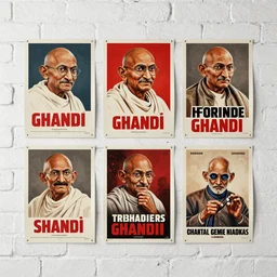 propaganda posters of ghandi, evil, 4 k, stapled to a colourless white brick wall