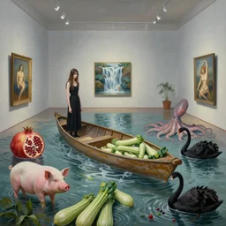 painting of a flooded art gallery, black lounge, a tall emo girl, a primitive canoe and courgettes, art gallery interior, pigs, courgettes, waterfall, pomegranates, sensual, octopus, zen, black swans, berries, surrealist, by magritte and monet