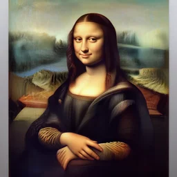 a portrait of a woman painted in italian renaissance chiaroscuro style. the woman in the painting is shown seated with her hands folded in her lap. she is wearing a simple dress with a pattern of flowers. her black long hair is pulled back from her face and she has a small, faint smile. the background of the painting is a landscape of rolling hills and mountains. the sky is a light blue, and there are small clouds in the distance.