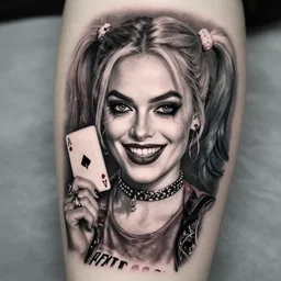 tattoo design of margot robbie as harley quinn with a little smile, holding ace card, in the style of den yakovlev, realistic face, beautiful face, black and white, realism tattoo, hyper realistic, highly detailed