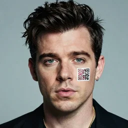 Rick astley with a qr code on a face