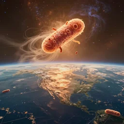 Misano Adriatico, Escherichia Coli, landscape, photo, universe in the sky, cinematic lighting, 4k, wide angle, warm tones, Earth, wind, reflections