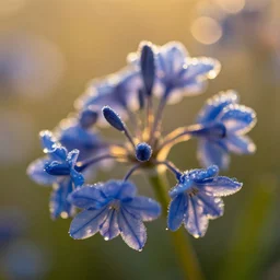 macro photo of umbels of cerulean flowers covered in morning dew, backlit by golden rays of light, tilt - shift 5 0 mm lens, flickr, featured, award winning, trending.