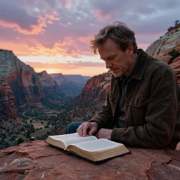 award winning cinematic still of man studying the bible in zion national park, rock formations, colorful sunset, epic, cinematic lighting, dramatic angle, heartwarming drama directed by Steven Spielberg, wallpaper