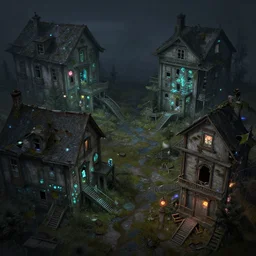 intricate detailed photo environement with abandoned houses : 4, 4 k rtx hdr volume light concept studio matte painting environement digital illustration style horizon zero dawn, artstation artur tarnowski, mihai muscan, marcin tomalak, marta leydy, marcin stepien, charlotte hughes, zuzanna dabrowa neon bioluminiscence