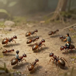 miniature people riding ants, concept art, digital painting, trending on artstation, deviantart, epic composition, extremely detailed, volumetric lighting, masterpiece, octane render