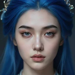 hd photograph of a pretty girl with blue hair, thick black eyebrows, cute nose, close up portrait, skin texture, in the style of ilya kuvshinov, dramatic lighting, fantasy, intricate, elegant, highly detailed, lifelike, photorealistic, digital painting, bokeh, hdr, high resolution, unsplash, smooth, sharp focus, art by krenz cushart and albert aublet