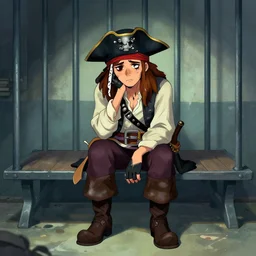 aesthetic full body digital illustration of a sad pirate hanging his head and sitting on a prison cot by magali villeneuve, artgerm, centered, concept art, deviantart