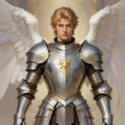 Full portrait of Magical Knight, holy armor, angel themed, male, ornamental, highly detailed, smooth, shrap focus, digital painting, illustration, by Albert Aublet, Krenz Cushart, WLOP and Sakimichan, artstation