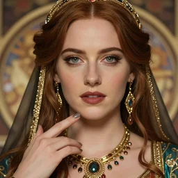 a close up portrait of emma stone, she is dressed as a belly dancer,, arabian night, in focus sharp face with fine details, her fingers by albrecht durer, volumetric lightening, octane render, high quality, fully detailed, 4 k, alphonse mucha, masterpiece, stunning