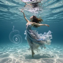 a beautiful woman with long hair dancing underwater wearing a very long flowing dress made of many translucent layers of silver and blue lace seaweed, gentle ocean waves above cause the flicker of caustics lighting on the soft sandy bottom, bubbles flicker with large translucent swirling shapes in the background, octane render, cinematic, hyperdetailed