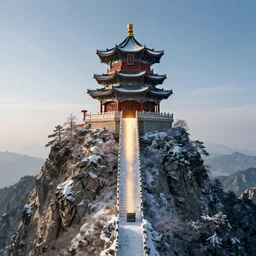 chinese pagoda on snowy mountain, a pillar of light from the peak, insanely detailed, cinematic scene, digital art trending on artstation