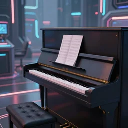 a futuristic piano in a cyberpunk world