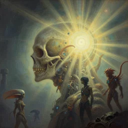 metaphysical scifi cosmic skullpunk creatures in profile by beksinski, art by artgerm, wlop, loish, ilya kuvshinov, muted vaporwave ombre, leading lines, vanishing point, volumetric lighting, god rays
