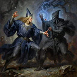 stunning male master wizard fighting another wizard who has dark spell, highly detailed painting by gaston bussiere, craig mullins, j. c. leyendecker, 8 k