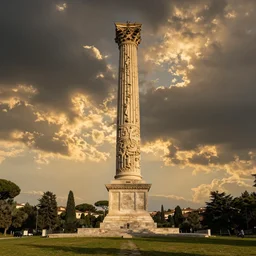 an intricate single roman empire inspired bright tall monument, on grass field, recent photo, realistic, trending, dramatic golden hour time
