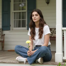 sumeyye aydogan, duy beni serial, sitting on the porch holding a flower, in front of the house