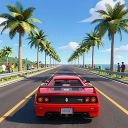 a 3D render depicting Outrun videogame. Car from behind. Red Ferrari. Palm trees. Horizon. Unreal Engine. Octane Render. Vray. Arnold Render. Car Shader. 80s Videogame. infinite road. audience around the road. Miami