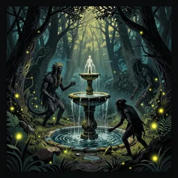 ancient creatures, glowing fireflies, by gediminas pranckevicius, by james gilleard, poster, dark shadows, woodblock, split - complementary - colors, polished, favolaschia - calocera, fountain of youth