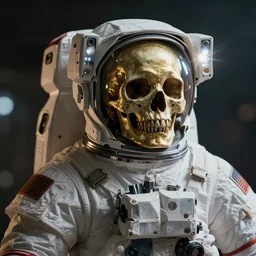 skull in astronaut suit with gold linens, cinematic lighting, dramatic,  octane render, long lens, depth of field, bokeh, anamorphic lens flare, 8k, hyper detailed