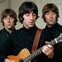 charles manson playing guitar with the beatles, high quality photography, realistic, detailed, uncropped, realistic face,