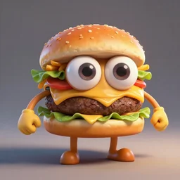 a hamburger character with giant eyeballs and french fry arms legs, concept art painting character design, featured on artstation unreal engine 5, 3 point lighting