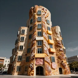 a photo of a towering impressive building made of bread, cheese, and lunchmeat, dramatic lighting, bokeh, designed by frank gehry