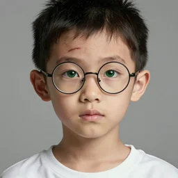 portrait of a small, skinny 1 7 - year - old boy with a thin face, black hair, green eyes, round shape glasses, thin scar on his forehead, wearing white shirt, hyper realistic face, beautiful eyes, character art, art by mark brooks, hyperdetailed, cryengine, trending on artstation, digital art