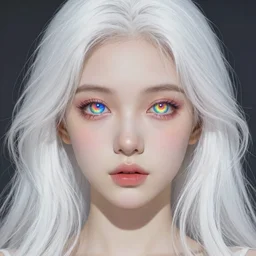 portrait of a girl with eyes that contain rainbow galaxies. Her hair is long and white  art by artgerm and greg rutkowski and alphonse mucha