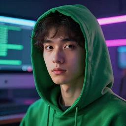 portrait of a programmer with green hood by greg rutkowski, neon light, close up
