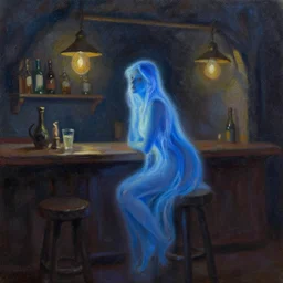 blue wisp in d & d tavern at night, oil painting