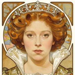 realistic detailed face portrait of Queen Elizabeth Tudor in the style of Alphonse Mucha by Alphonse Mucha, Ayami Kojima, Yoshitaka Amano, Charlie Bowater, Greg Hildebrandt, Jean Delville, Adam Hughes, Karol Bak, and Mark Brooks, Art Nouveau, Gothic Revival, Pre-Raphaelite, exquisite fine details, 4k resolution