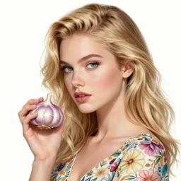 a portrait of an incredibly beautiful, colorful, graceful, elegant, and sophisticated young blonde girl made of garlic, an ultrafine detailed illustration by james jean, intricate linework, bright colors, final fantasy, behance contest winner, vanitas, angular, altermodern, unreal engine 5 highly rendered, global illumination, radiant light, detailed and intricate environment