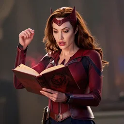 Angelina Jolie as Scarlett Witch Scarlett Witch doing chaos magic with dark hold magic book in her hands, Scarlett Witch costume, marvel marvel marvel, cinematic, photorealistic, 4k, HDR, photograph