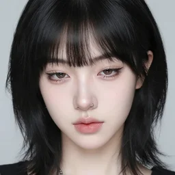 portrait of a beautiful pale - skinned girl with black hair and short bangs, the corners of the eyes are turned down, small nose with piercing and a ring is inserted, brown eyes, long eyelashes, plump lips