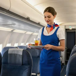 cell shaded stewardess on an airplane wearing a swimsuit serving drinks down the aisle