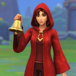 a red hooded wizard holding a bell in sims 4 screenshot