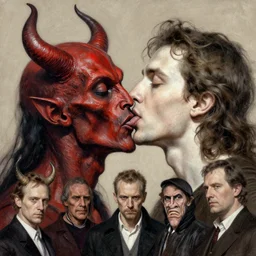 portrait of god licking the face of satan by artgerm and Craig Mullins, James Jean, Andrey Ryabovichev, Mark Simonetti and Peter Morbacher 16k